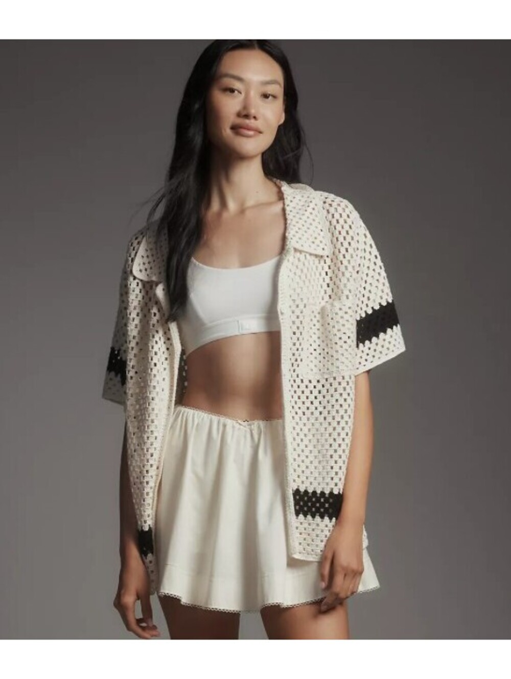 Anthropologie Sanctuary Crochet Macramé Short-Sleeve Buttondown Shirt